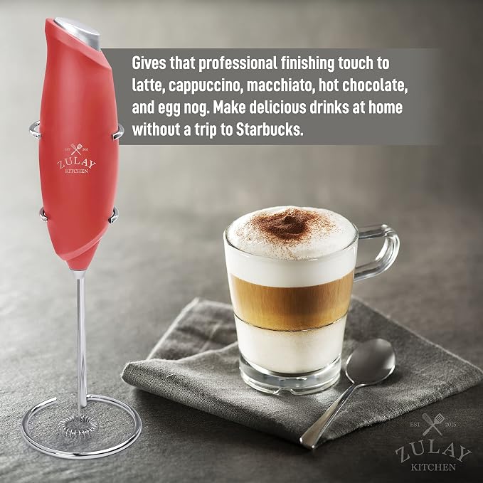 Zulay Kitchen Premium One-Touch Milk Frother for Coffee - Easy-Use Frother Handheld Foam Maker - Electric Whisk Drink Mixer for Cappuccino, Frappe, Matcha and Hot Chocolate (Cardinal Red)