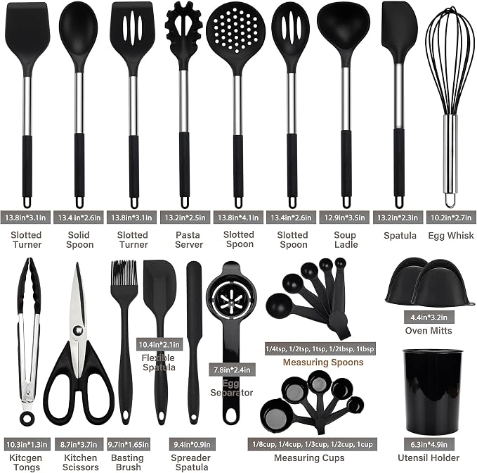 QMVESS Silicone Cooking Utensils Set, 28 Pcs Non-Stick Kitchen Utensils Set with Holder, 446°F Heat Resistant Spatula, Tongs, Spoons Set with Stainless Steel Handle Kitchen Gadgets (Black)