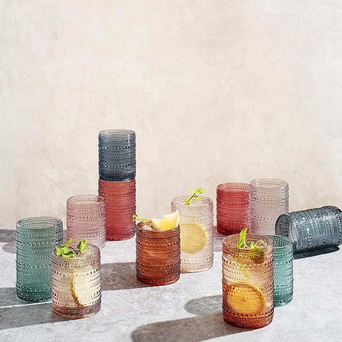 Hobnail Highball Glasses, Vintage Beaded Tumblers Set of 12, 14 & 11 oz | Vintage Beaded Design, Embossed Bubble Texture, Comfortable Grip, Ideal for Water, Whiskey, Cocktails, Wine & Mixed Drinks,
