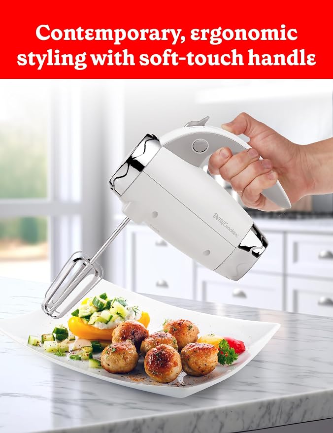 Betty Crocker 7-Speed Power-Up™ Hand Mixer with Stand, BC-4208W, White | 300 Watt Electric Mixer with Beaters and Dough Hooks, Ergonomic Electric Hand Blender for Home & Kitchen with Stand