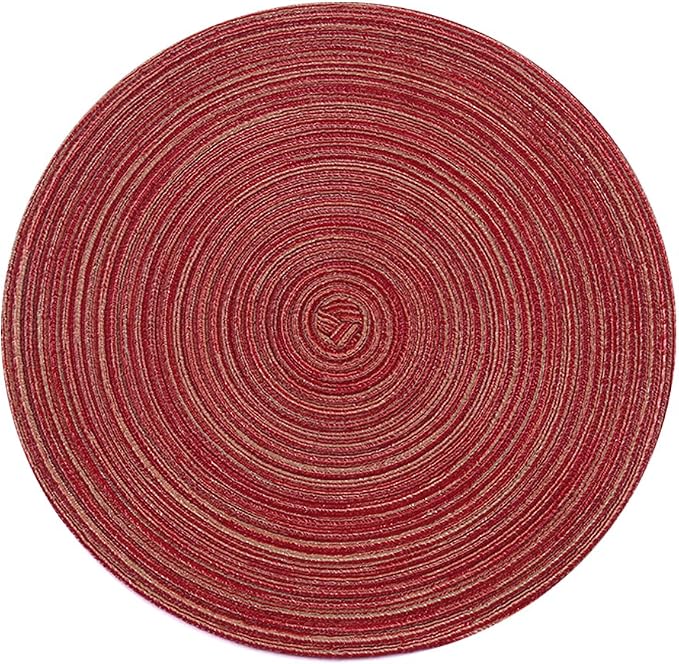 Topotdor 14 Inch Round Placemats Heat-Resistant Stain Resistant Anti-Skid Washable Polyproplene Table Mats Placemats (Burgundy Multi Color, Set of 6)