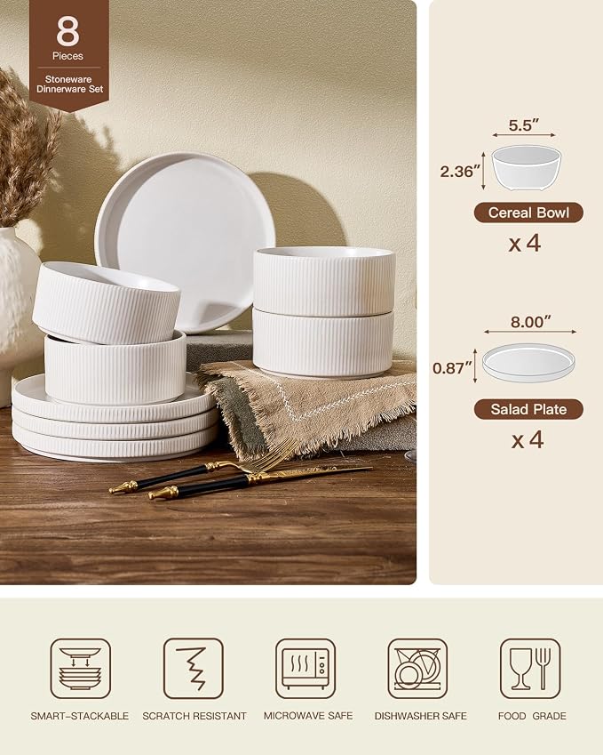 Ceramic Dinnerware Sets for 4, 8-Piece Deep Salad Plates and Cereal Bowls | Famiware Premium Stoneware Dishes, Chip & Scratch Resistant, Microwave & Dishwasher Safe, Everyday & Serving Use, Matte White