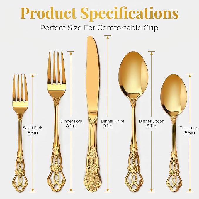 Silverware Set, 30 Pieces Retro Royal Silverware Set for 6, Anti-rust Stainless Steel Flatware Set Including Fork Spoon and Knife, Dishwasher Safe, Gold