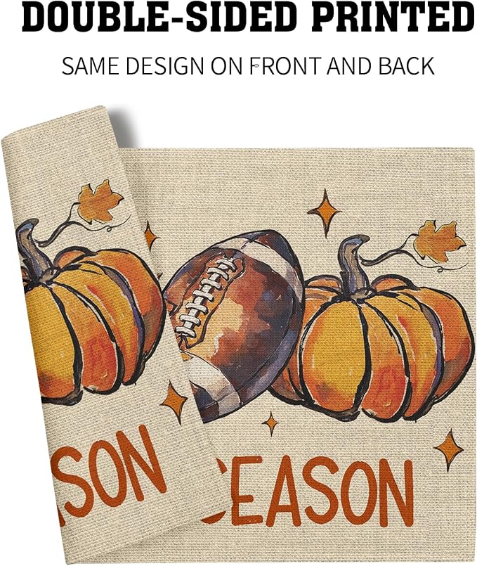 Fall Football Placemats Set of 6 18x12 Inch Autumn Rugby Pumpkins Leaves Linen Place Mats Heat-Resistant Washable Wipeable Tis The Season Table Mat for Party Kitchen Dining Room Dinner Table Decor