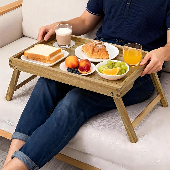 VaeFae Acacia Bed Table Tray, Wooden Breakfast Tray with Folding Legs, Bed Tray for Eating and Laptop, Eating Trays for Bedroom (Large Size)