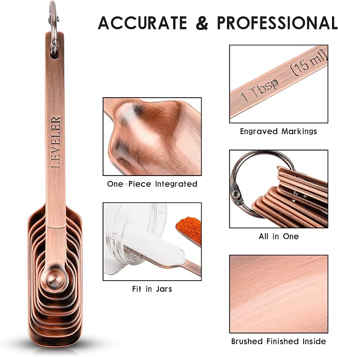Measuring Cups and Spoons Set, Copper Measuring Cups and Spoons Set for Dry & Liquid, Metric&US 7 Stainless Steel MeasureR Cup&9 Spoon Leveler & Measure Enquivalents for Kitchen & Baking
