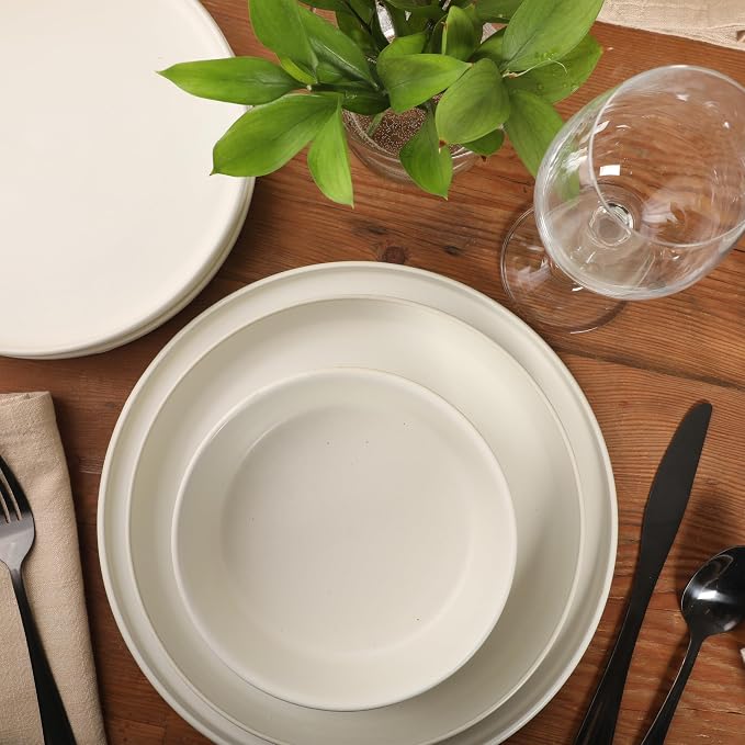 Gibson Elite Bayou Moon Plates and Bowls Sets, 16-Piece White Matte Stoneware Dinnerware Sets, Solid Color Reactive Glaze Dish Set