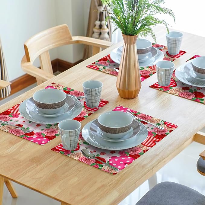 Red Rose Love Heart Polka Dots Stripe Placemat Set of 4,12x18 Inch Romantic Vintage Floral Farmhouse Holiday Wedding Anniversary Table Mats for Party Kitchen Dining Decoration