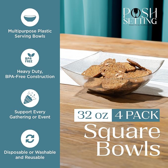 4 Pack Disposable Gold Plastic Serving Bowls Square Party Candy Use 32oz | Square Design. Disposable Party Tableware. Salad, Fruit & Candy Use. Candy Buffet Containers. Gold Plastic.