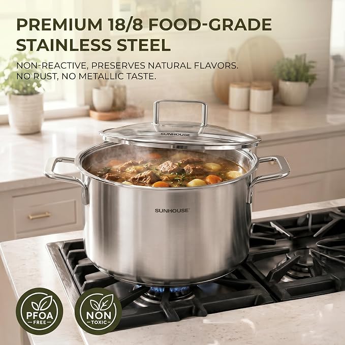 SUNHOUSE 3.4 QT Fully Clad Tri-ply Stainless Steel Stock Pot with Glass Lid | Small Everyday Soup & Pasta Pot - Rice, Blanching, Broth - Even-Heating Tri-Ply Base, Induction Compatible, Dishwasher Safe