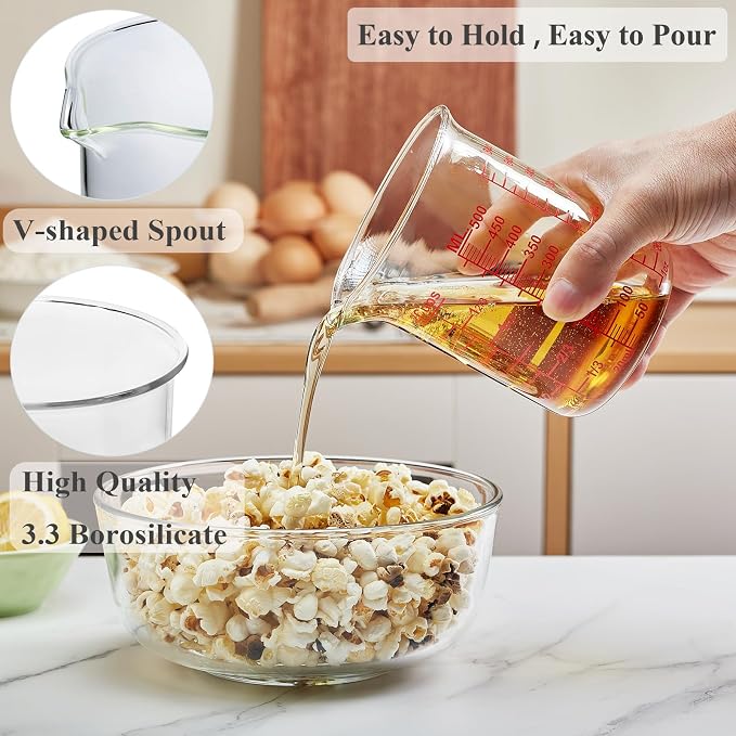 Ackers BORO3.3 High Borosilicate Glass Measuring Cup, Handleless Beaker with V-Shaped Spout, 500 ml (16 oz, 2 Cup)