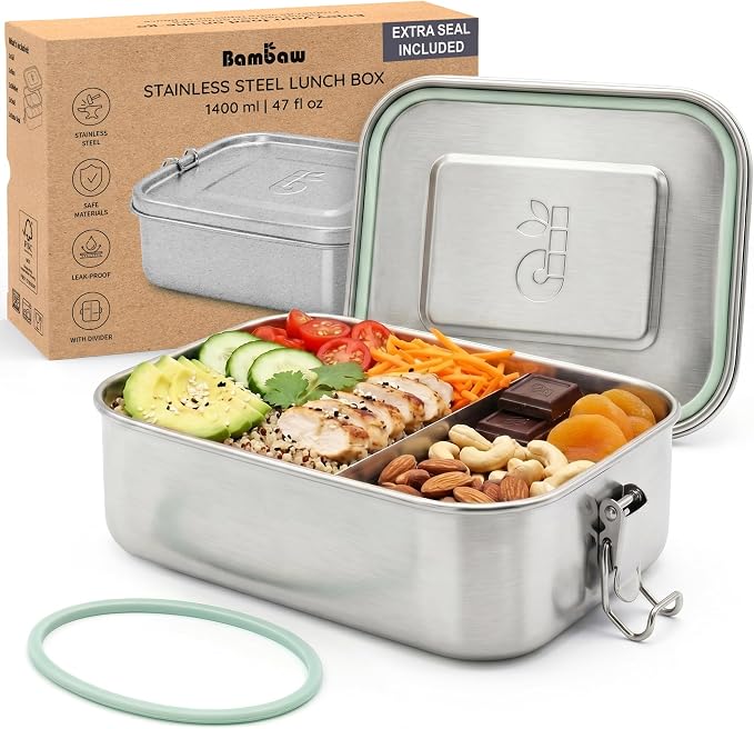 Bambaw Stainless Steel Lunch Box for Adults 47 oz, Metal Bento Box with Adjustable Compartment, Metal Lunch Container, Leakproof Stainless Steel Sandwich Container