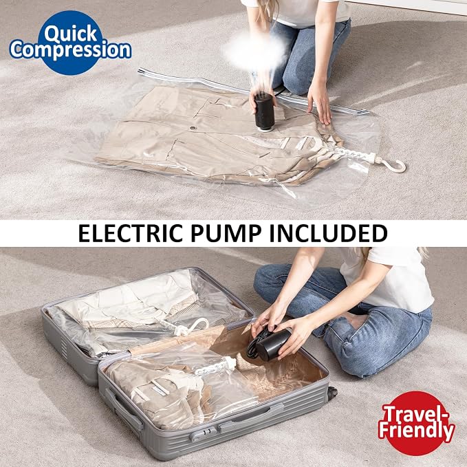 Hanging Vacuum Storage Bags, Space Saver for Clothing, 4 Combo with Pump | Vacuum Seal Bags for Clothing with Electric Pump, Hanging Garment Storage for Jackets, Suit, Dresses, Winter Closet Organizer