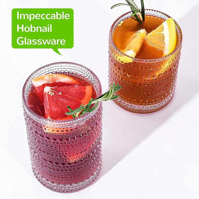 Vintage Hobnail Drinking Glasses Set of 12-14 oz Old Fashioned Water Glass Cups & 11 oz Cocktail Glasses, Aesthetic Kitchen Bar Tumbler Glassware Gifts Sets for Smoothie, Juice, Coffee, Wine