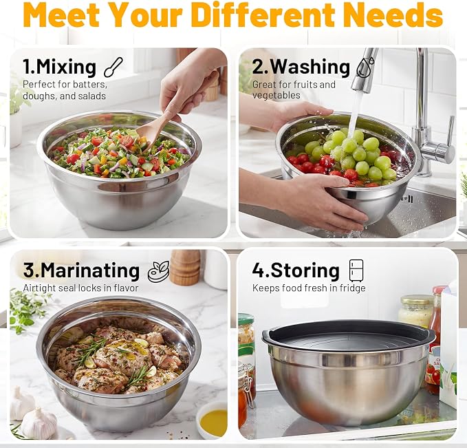 Beasea Stainless Steel Mixing Bowls, 2 Pack 3.4 QT Metal Nesting Mixing Bowls with Black Lids, Stackable Baking Bowl with Lid for Kitchen, Prepping, Serving, Cooking
