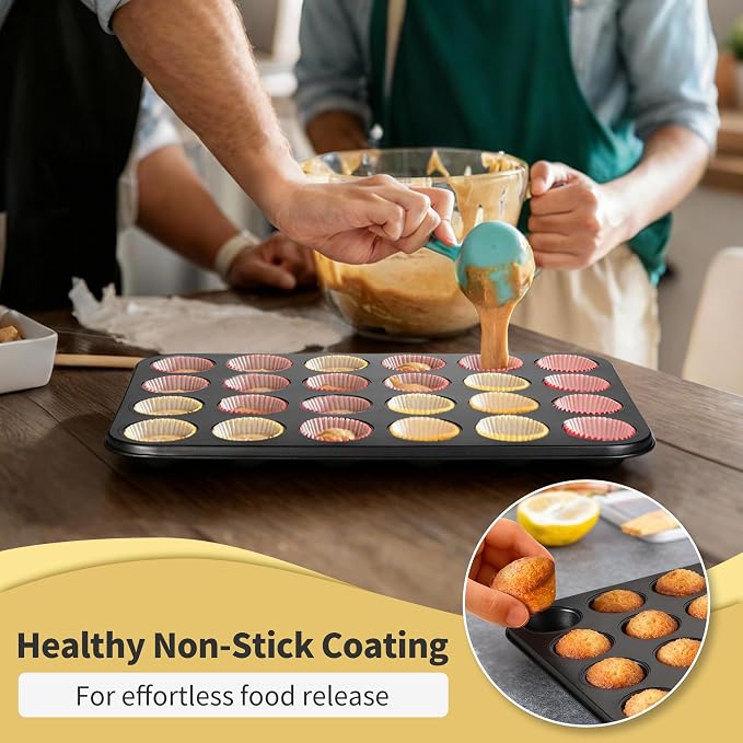 TeamFar Mini Muffin Pan, 24-Cup Non-Stick Cupcake Tray Tin for Baking | Carbon Steel Small Cup Cake Bakeware for Bite-Sized Cheesecake Tart Quiches, Even Baking & Effortless Release & Easy Clean