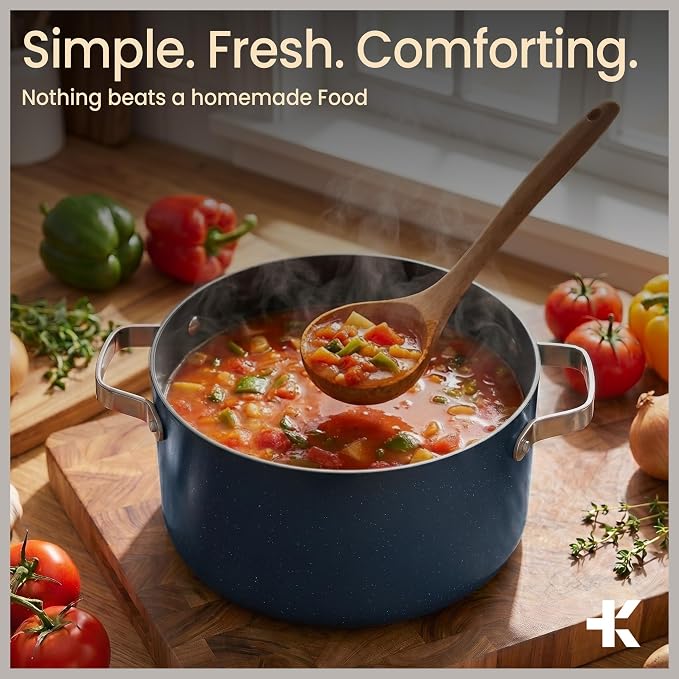 Bakken 16 Quart Ceramic Coated Stock Pot with Lid, Easy Clean Nonstick Pot, Tempered Glass Lid, Riveted Stainless Steel Handles, Oven Safe Up To 500°F, PTFE & PFAS Free, All Stove Compatible, Blue