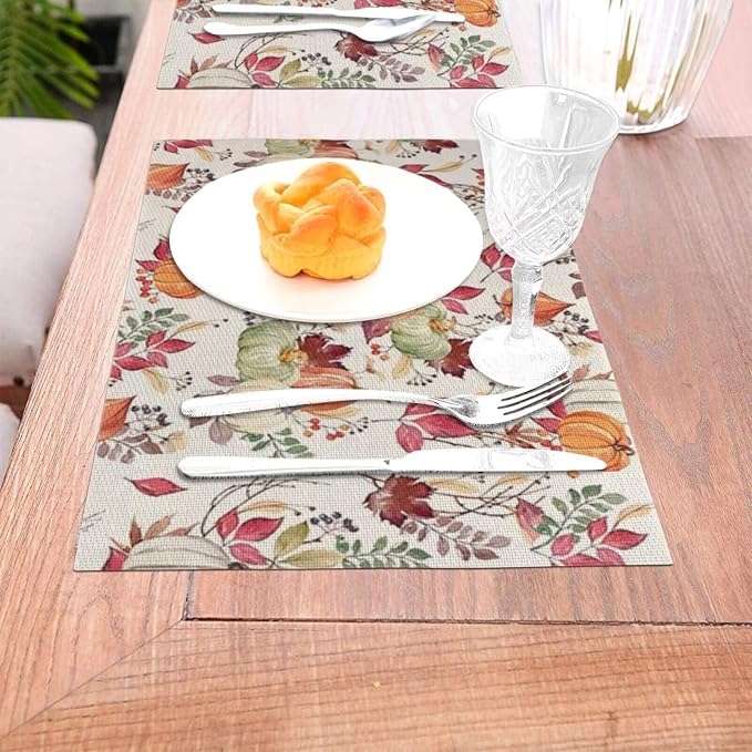 Fall Placemats Set of 4, Pumpkin Maple Leaf Flower Decorative Table Mat 12 x 18 Inch Heat Resistant Non Slip Line Fabric Autumn Thanksgiving Place mat for Dining Table