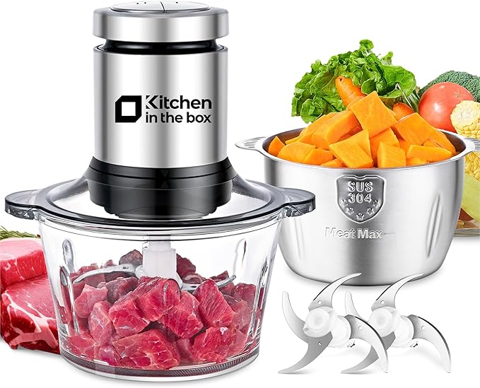 Kitchen in the box Food Processors,Small Meat Grinder & Food Chopper Electric Vegetable Chopper with 2 Bowls (8 Cup+8 Cup)& 2 Bi-Level Blades for Meat/fish/Vegetable/Baby Food，Sliver
