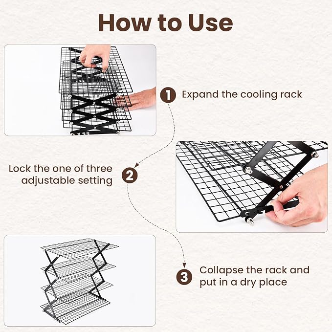 2/3/4-Tier Collapsible Cooling Rack for Baking,Folding Cooling Grid,Adjustable Stackable Roasting Cooking Drying Wire Cooling Rack for Cookies Baking
