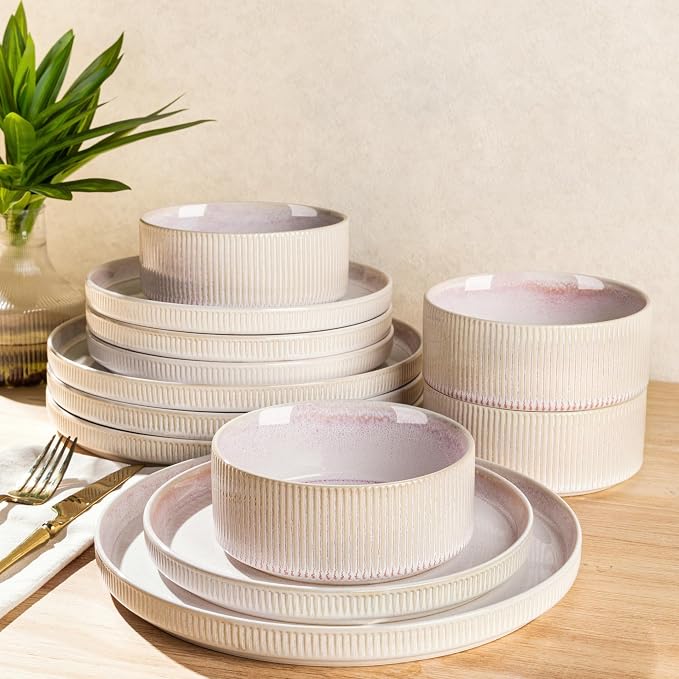 Ceramic Dinnerware Set for 4, 12-Piece Plates and Bowls Set | Lightweight Porcelain Dish Set, Scratch Resistant, Oven & Microwave & Dishwasher Safe, Primrose Pink