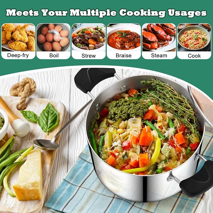 P&P CHEF 6 Qt Stockpot with Lid, Stainless Steel Stock Pot, 3-Ply Metal | Cooking Pot for Soup Pasta, Heat-Proof Double Handles with Visible Lid, Dishwasher Safe & Healthy Use