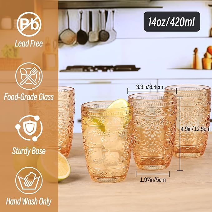 abrwyy Amber Drinking Glasses, Amber Glassware, 14oz Vintage Water Glasses | Lead-Free Glass, Thick&Durable Glass, Home Decoration, Vintage Drinking Glasses Set of 6
