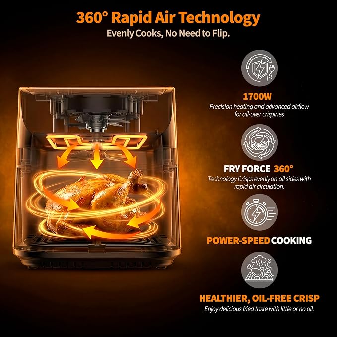 9.5Qt Large Air fryer Toaster Oven Combo with Mechanical Dial Controls | Non Toxic Stainless Steel Air Fryer with Viewing Window, XL Capacity Basket Style Airfryer for Family, Black