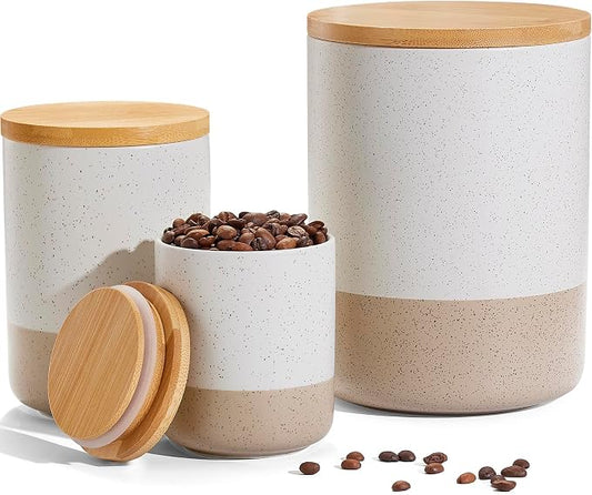 Kitchen Canister Set of 3, Large Ceramic Food Storage Containers with Lids | 80/40/20 OZ Ceramic Food Storage Jars with Airtight Wood Lidsc,Countertop & Pantry Organization for Flour, Sugar, Coffee,Tea