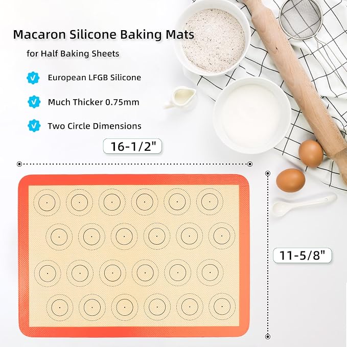 AMYONE Macaron Silicone Baking Mats for Half Sheet Pan, Platinum, 2PCS | Precise Size 11 5/8 X 16 1/2; For Macaron/Cookie/Bread/Pastry; Food Grade Silicone, Reusable Nonstick Liner, Orange