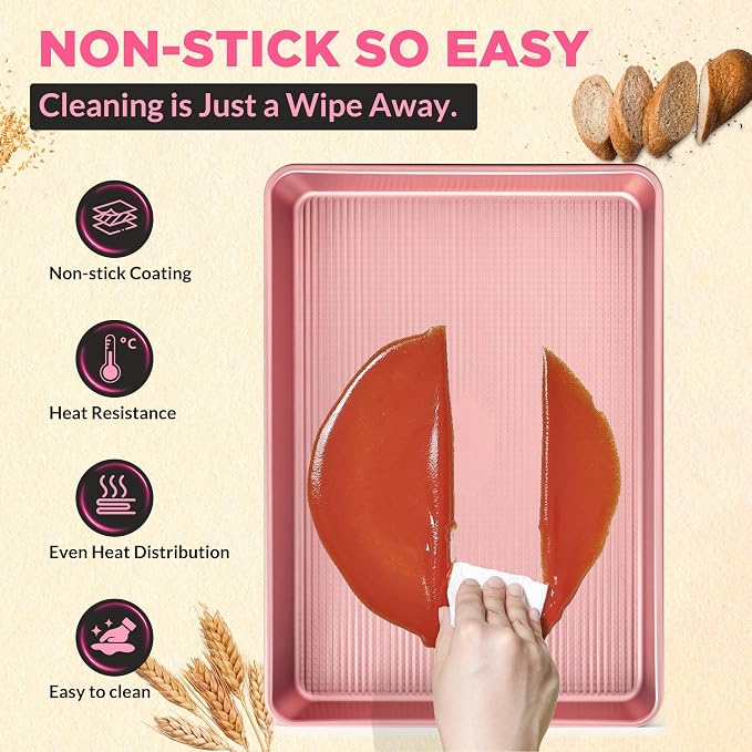 Saker 3-Piece Heavy Duty Carbon Steel Baking Sheets Set,Non-Stick Cookie | | Oven Safe, Even Heating, for Baking, Roasting, Cooking – Professional Grade (Pink)