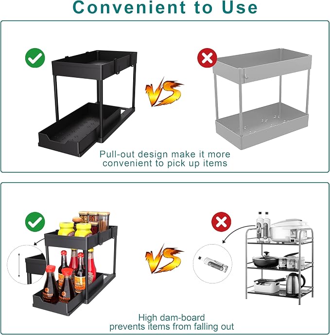 Under Sink Organizer 2 Pack,2 Tier Slide Out Storage for Kitchen Bathroom | Multi-purpose Under Cabinet Storage Rack Fit Kitchen Sink, Bathroom Vanity, Easy Assembly