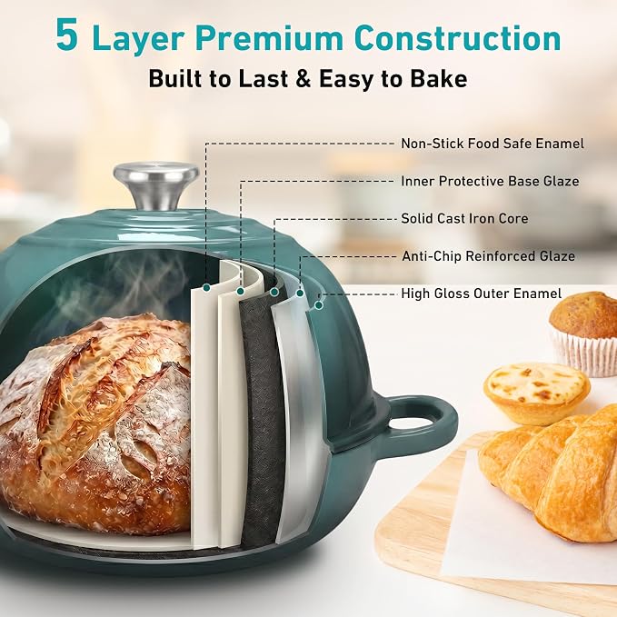 Enameled Bread Oven with Lid, 6 Quart Cast Iron Dutch Oven for Sourdough Baking, Round Heavy Duty Cast Iron Pot with Dome Lid, Seasalt