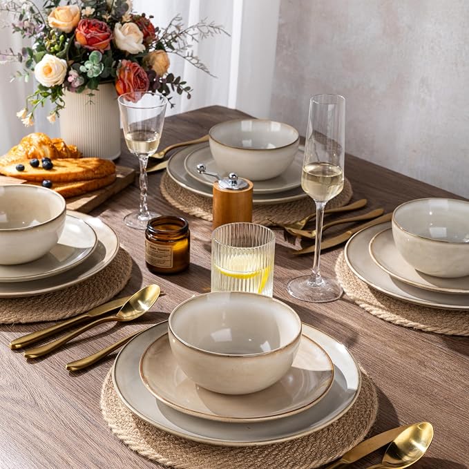 GBHOME Dinnerware Sets for 6, 24 Pieces Ceramic Plates and Bowls Set | Scratch Resistant Stoneware Dishes Set, Dishwasher & Microwave Safe, Reactive Glaze-Cappuccino