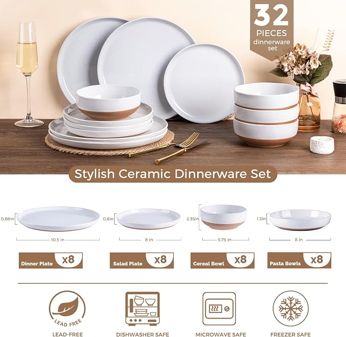 AmorArc Dinnerware Sets for 8, 32 Pieces Ceramic Plates and Bowls Set | Scratch Resistant Stoneware Dishes Set, Dishwasher & Microwave Safe,White