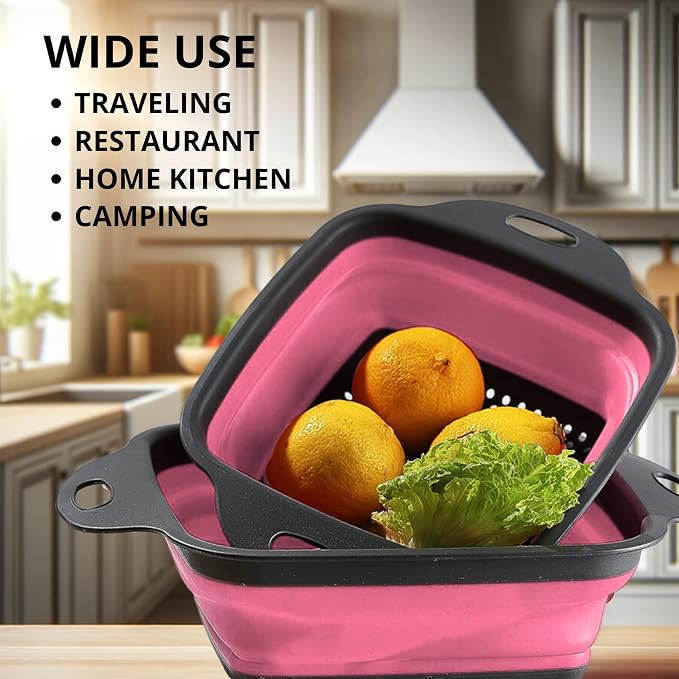 Pink Silicone Food Colander Kitchen – Small Collapsible Strainer with Handle Collapsable Strainer Kitchen Foldable Colander for Pasta Spaghetti Fruit Vegetable