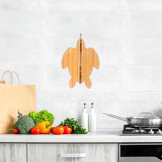 Totally Bamboo Sea Turtle Shaped Cutting Board and Charcuterie Board | Makes a splash when serving charcuterie and snacks. Slice, prep, and serve all on one board. Hangs as decor between uses.