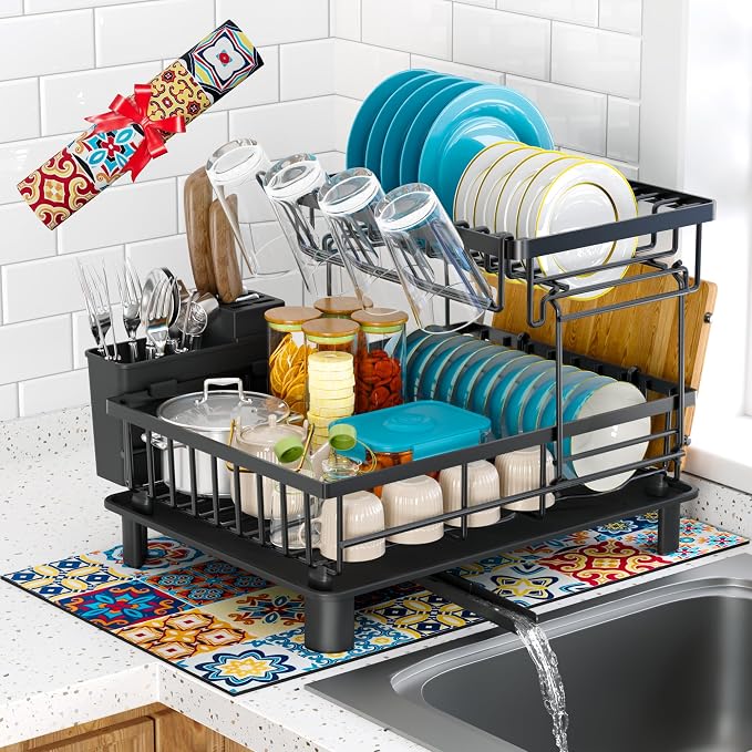 2 Tier Large Detachable Dish Drying Rack for Kitchen Counter,Black | Compact Drying Rack Kitchen, Rust-Resistant Dish Drainer Organizer, Space-Saving Dish Racks with Drainboard, Utensil Holder