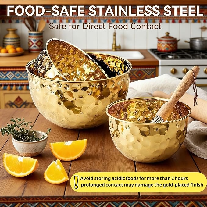 Gold Serving Bowls, Hammered Gold Bowls Set of 3, Large Popcorn Bowl Elegant Snack Bowl Set for Movie Night, Decorative Stainless Steel Salad Bowls for Party & Entertaining (7.2, 4, 2 Qt)
