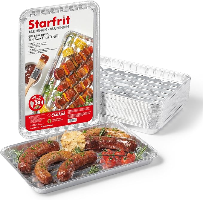 Starfrit Aluminum Grilling Trays, 30-Pack, 13.5 x 9 in, Disposable | Heavy-duty aluminum. Ideal for BBQ. Prevents food loss. Disposable. Recyclable. Made in Canada.