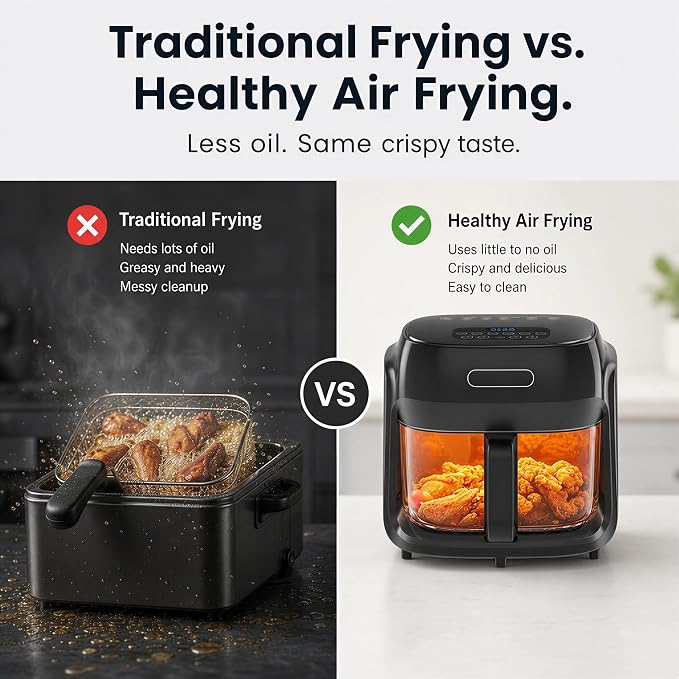 7.4QT Glass Air Fryer with Glass Basket, Black | Visible Window Lid, Digital Control, 360° Air Circulation, Oil-Free Cooking & Baking, Nonstick, Dishwasher Safe Easy Clean