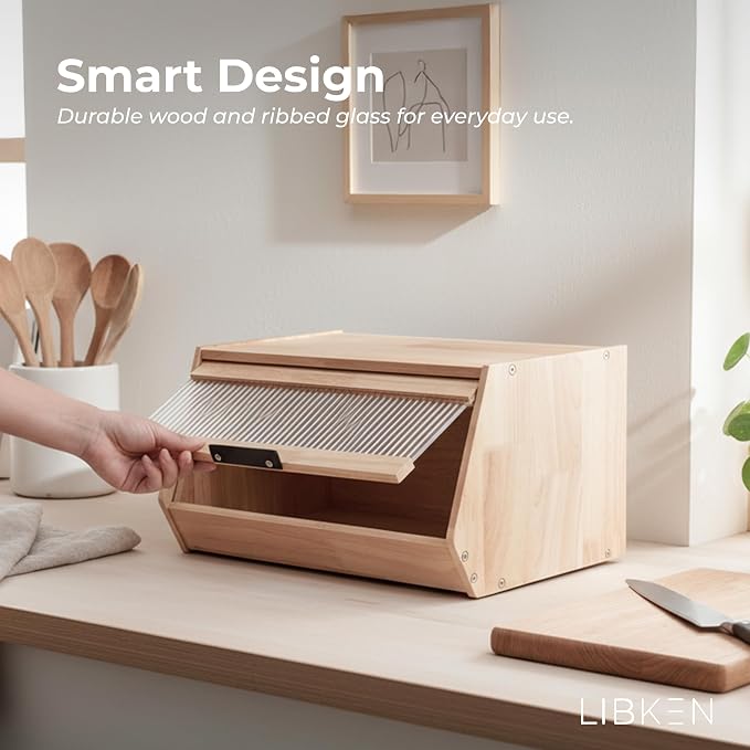 Bread Box – Durable Wooden Bread Bin with Secure Plastic Lid, Scandinavian-Inspired Design for Kitchen Countertop – Stylish Storage for Bread & Pastries