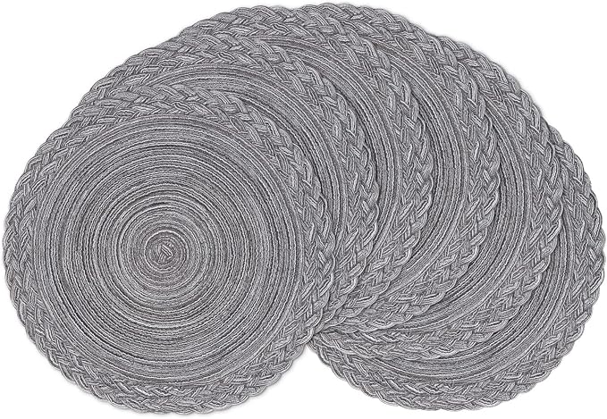 SHACOS Round Placemats Set of 6 Woven Round Table Mats 15 inch Braided Border Washable Cotton Polyester Circle Place Mats, Gray