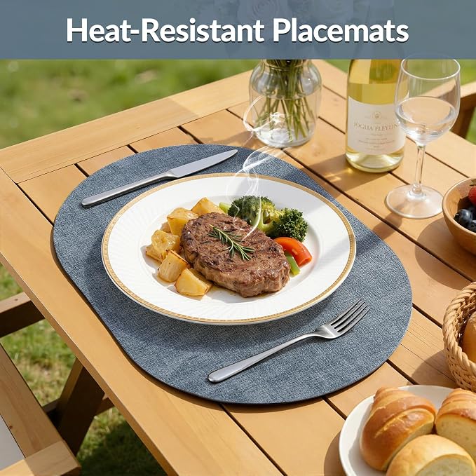 Placemats Set of 8, 11.8 x 17 Inch, Blue | Heat Resistant Oval Faux Leather Place Mats, Waterproof Wipeable Reversible PU Placemat, Indoor & Outdoor