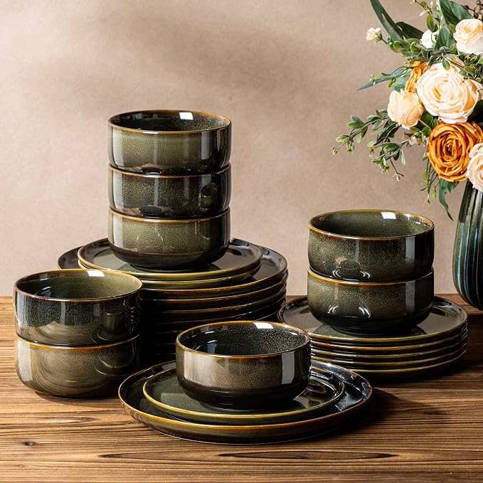 Ceramic Dinnerware Set for 8, 24-Piece Plates and Bowls Set | Handmade Reactive Glaze Dish Set, Scratch Resistant, Oven & Microwave & Dishwasher Safe, Olive Green