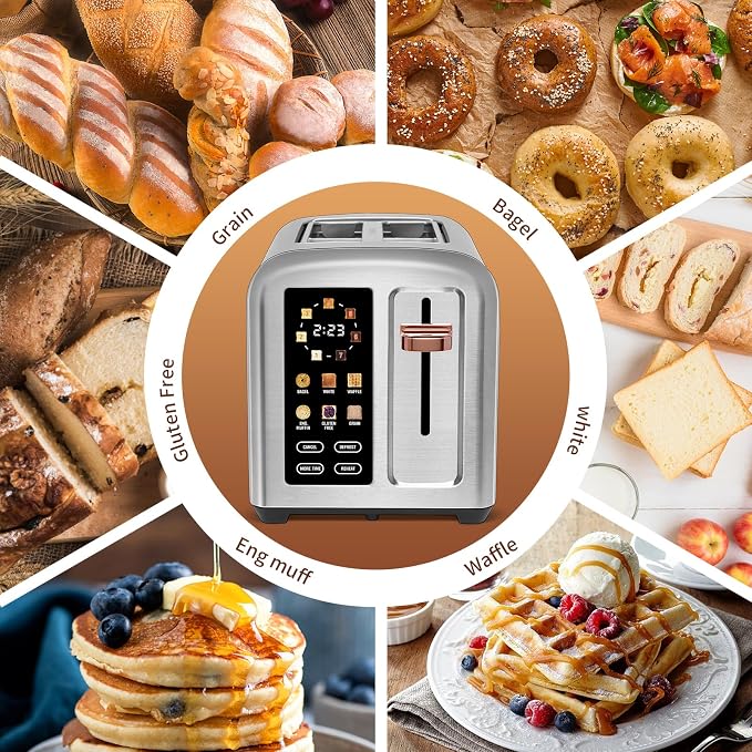 SEEDEEM Touchscreen Toaster 2 Slice, 7 Shade, Stainless, 1350W Silver Metallic