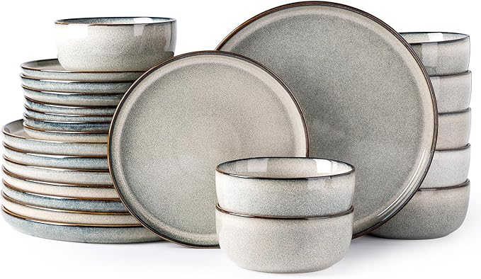 GBHOME Ceramic Dinnerware Sets for 8, 24 Pieces Stoneware Plates and Bowls Sets, Scratch Resistant Dishes, Dishwasher & Microwave Safe, Reactive Glaze-Green Wheat | Scratch Resistant Stoneware Dishes Set, Dishwasher & Microwave Safe, Reactive Glaze-Gre...