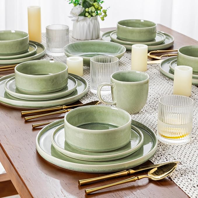 AmorArc Ceramic Dinnerware Sets for 6,18 Piece Plates and Bowls Sets Dishes | Stoneware Handmade Reactive Glaze Dishes Set | Highly Chip and Crack Resistant | Dishwasher & Microwave Safe