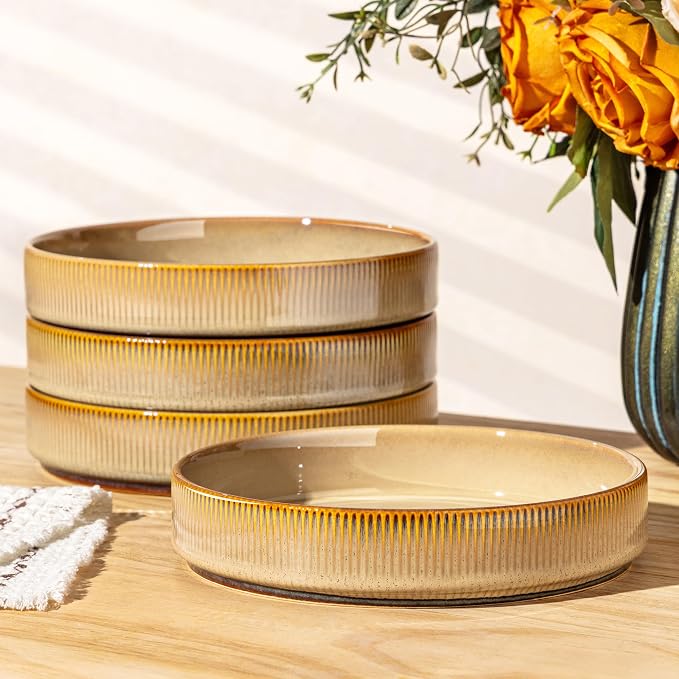 7.5" Ceramic Pasta Bowls Set of 4, Salad Bowls | Versatile Serving Bowls for Pasta, Salad, Fruit & Noodles, Housewarming & Wedding Gift, Creamy Amber