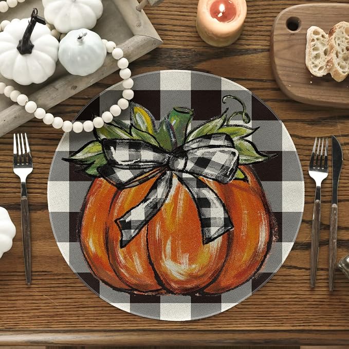 Artoid Mode Buffalo Plaid Pumpkin Fall Round Placemats Set of 4, 14 Inch Round Table Mats for Dining Decoration | Heat-Resistant, Washable Table Mats, Seasonal Autumn Bowknot Kitchen Dining Decor